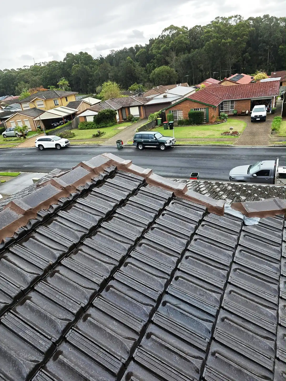 Cleaned and coated tile roof looking over the street