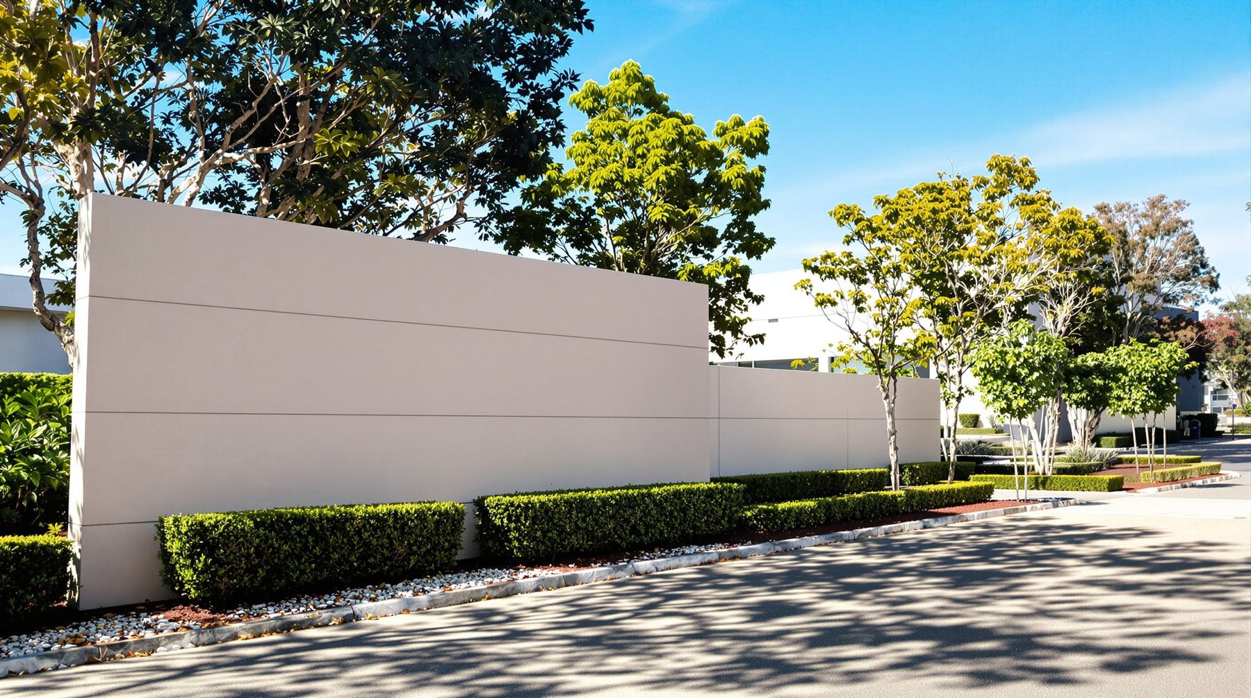 Manicured hedges and lawns at a commercial estate entry