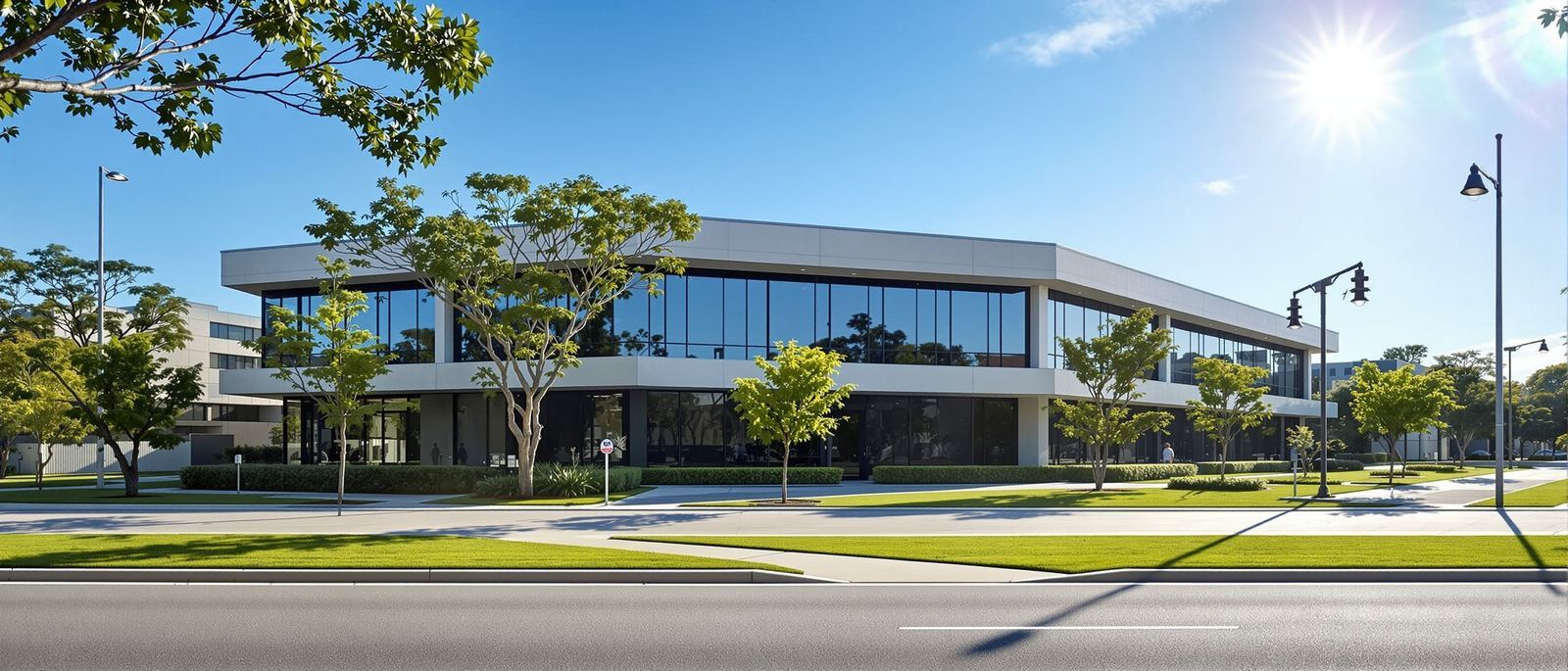 Commercial business park buildings at dawn