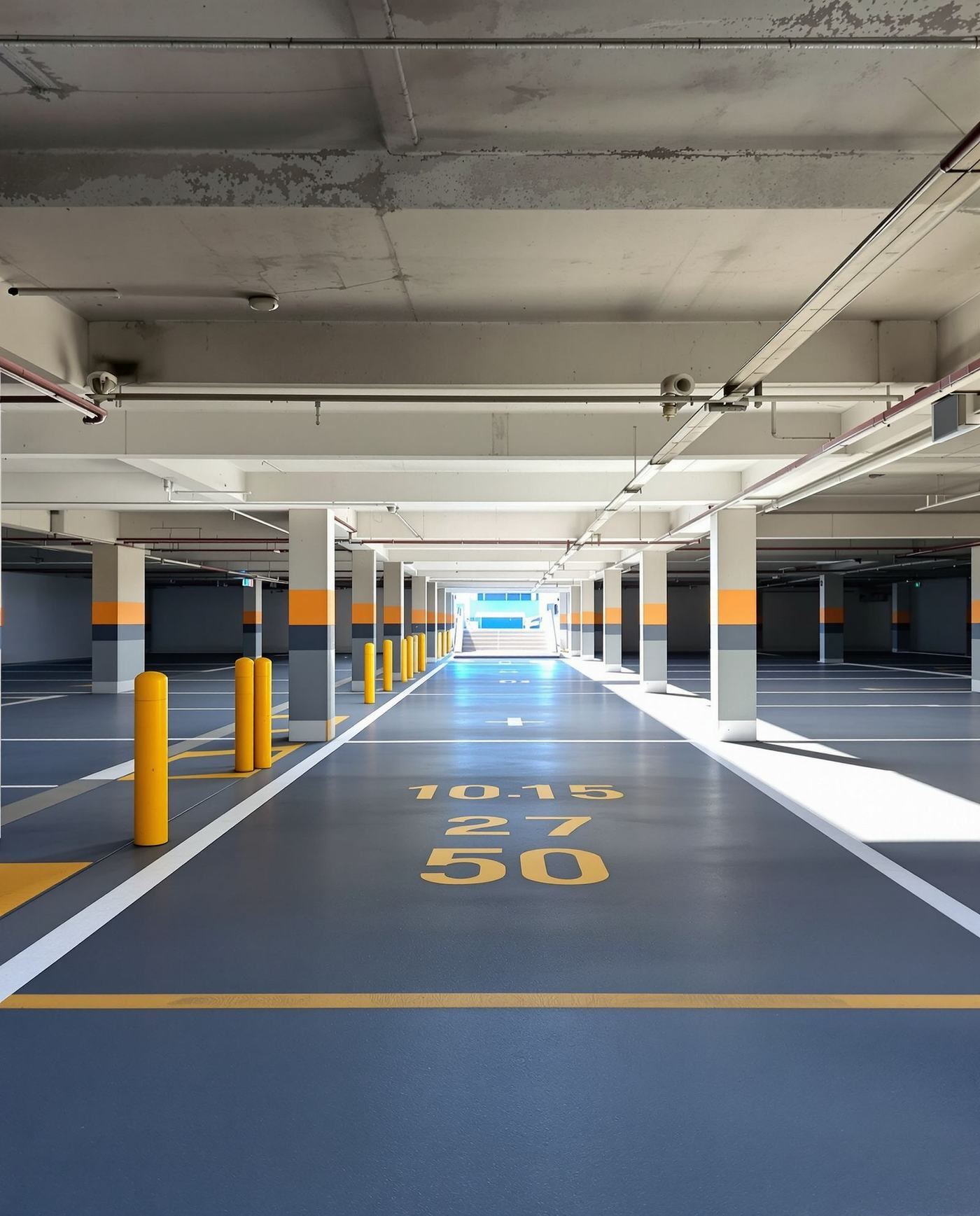 Commercial car park cleaned under lights